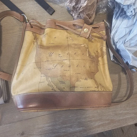 Vintage Map Print Leather Bucket Bag - Picture 7 of 14